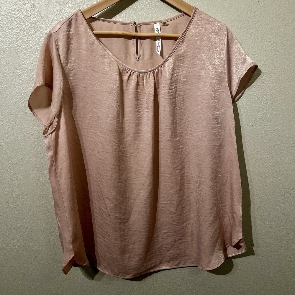 NY Collection Satin Short Sleeve Shirt Cap‎ Sleeves Powder Pink Women's Plus 1X